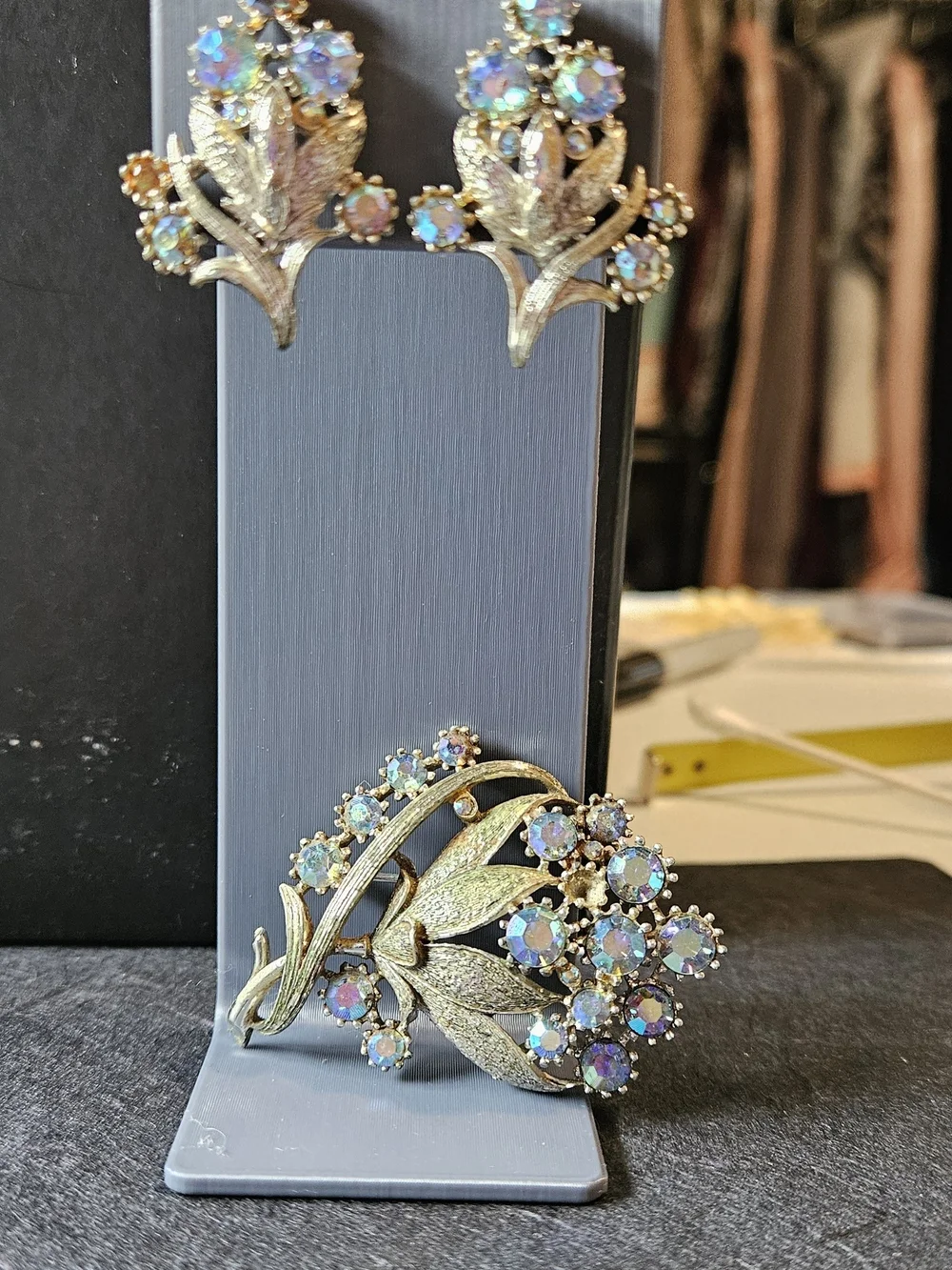 Pewter-Tone Aurora Borealis Floral Brooch and Clip On Earring Set. 1 Stone Gone